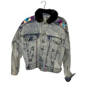 Vintage Nuovo Industriale Jean Rabbit Fur Collar Embroidered Jacket Size Small